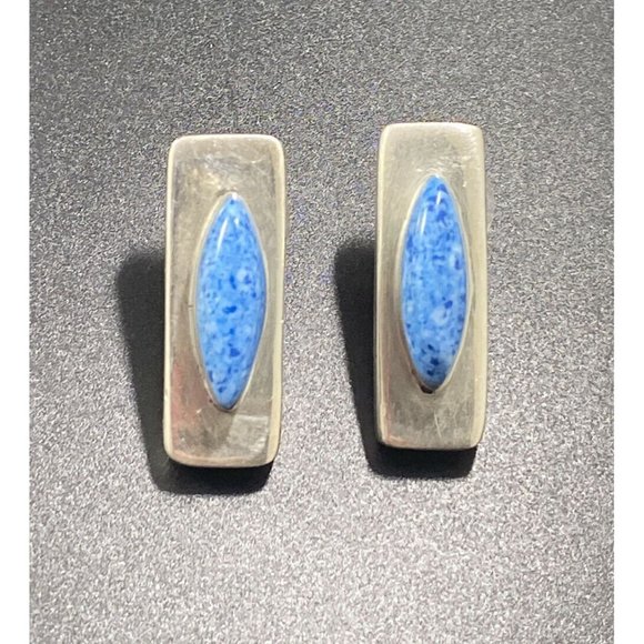 Taxco 925 Blue Speckled Stone Geometric Earrings Post Pierced Signed TD-34 - Picture 4 of 5